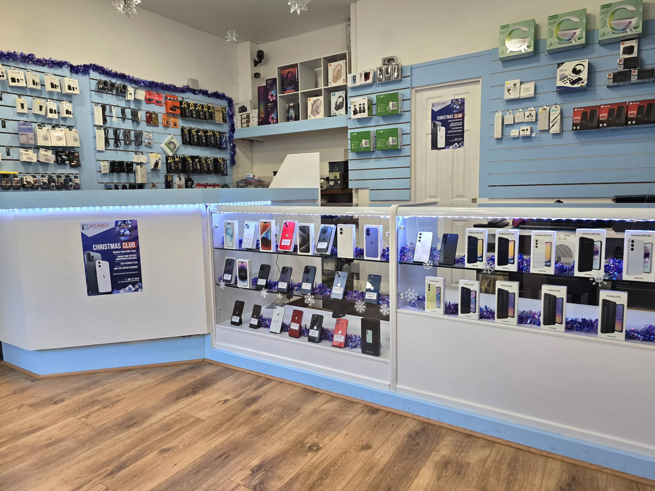 Smartphones and accessories on display at Keanes IT in Clifden