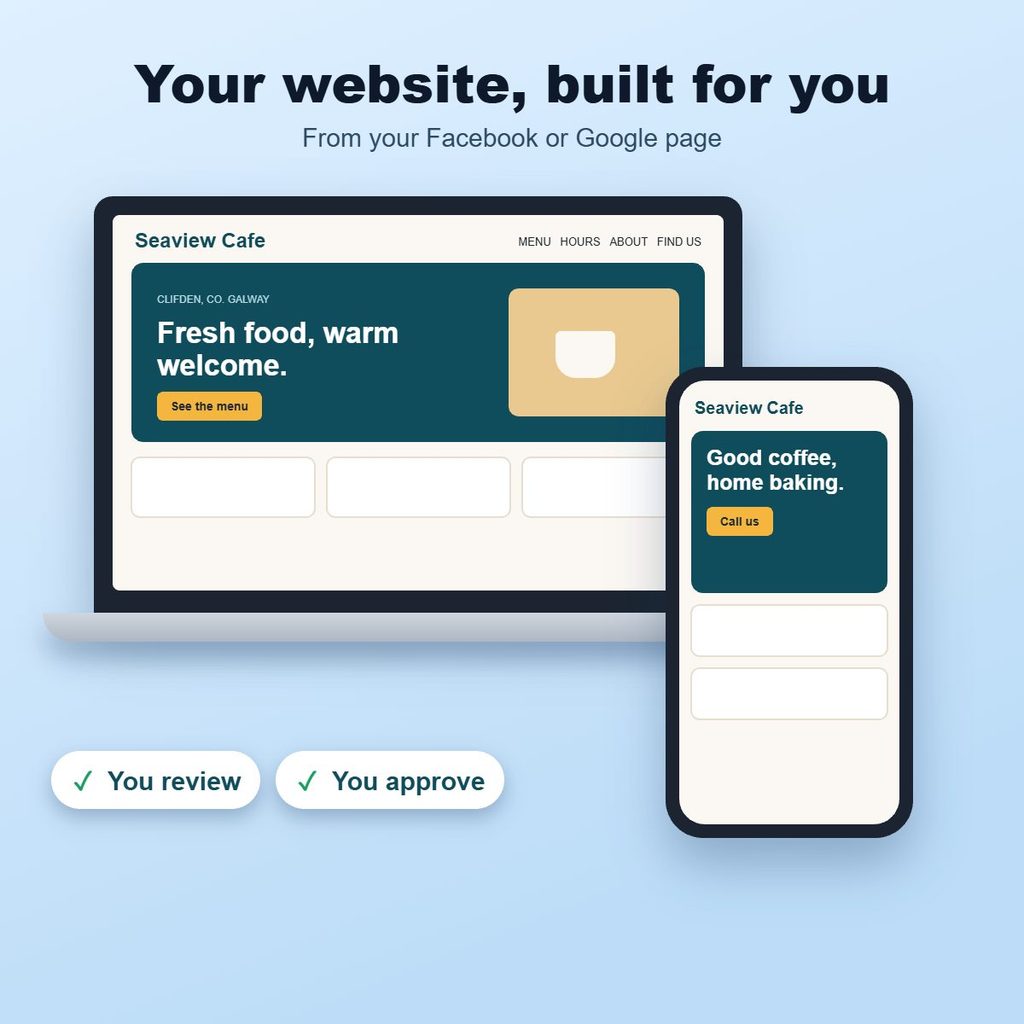 Example website on a laptop and phone, built by Keanes IT from a Facebook page